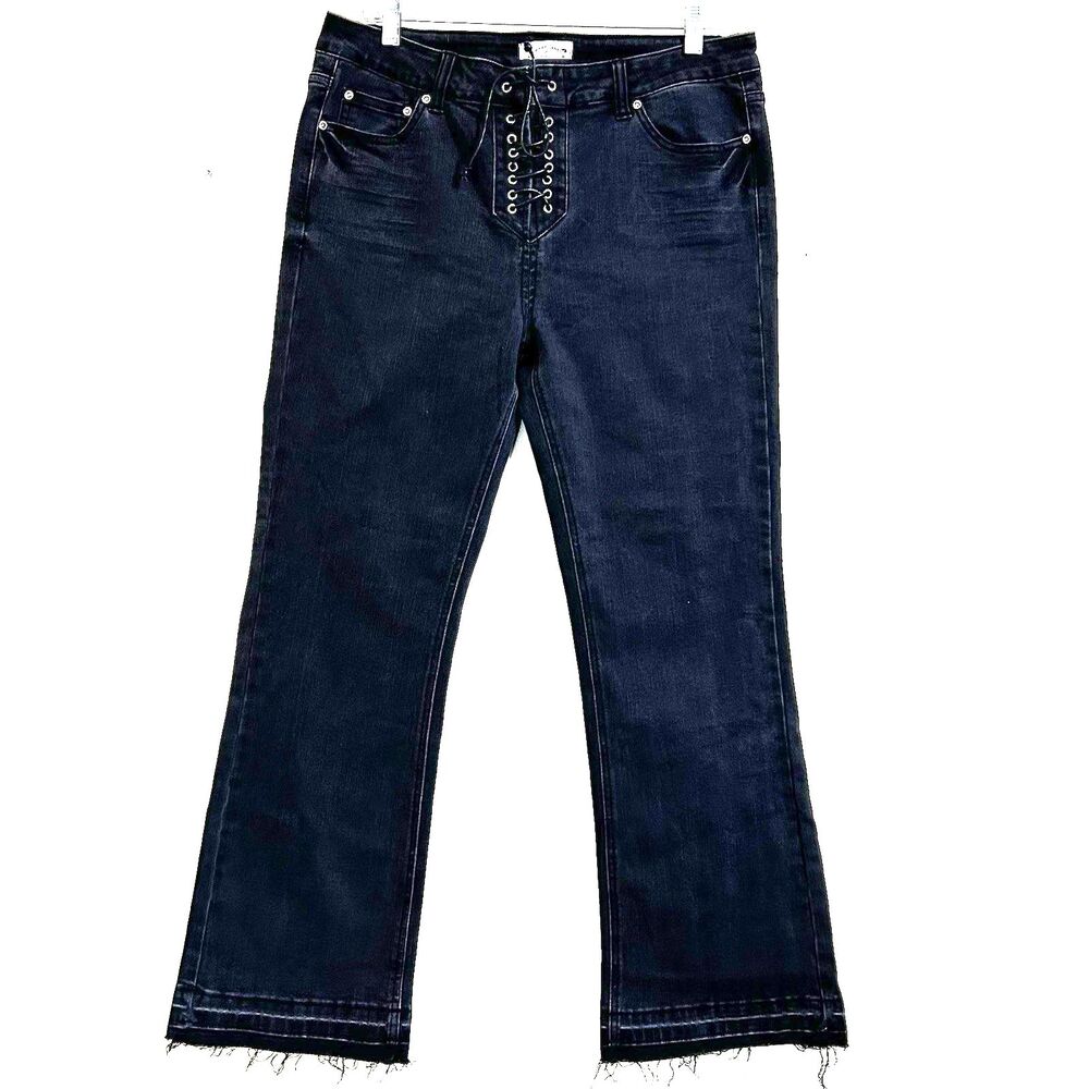 Gracious Home Black Denim Cropped Jeans Size 31 Lace-Up Fly Fringe Hem Jeans